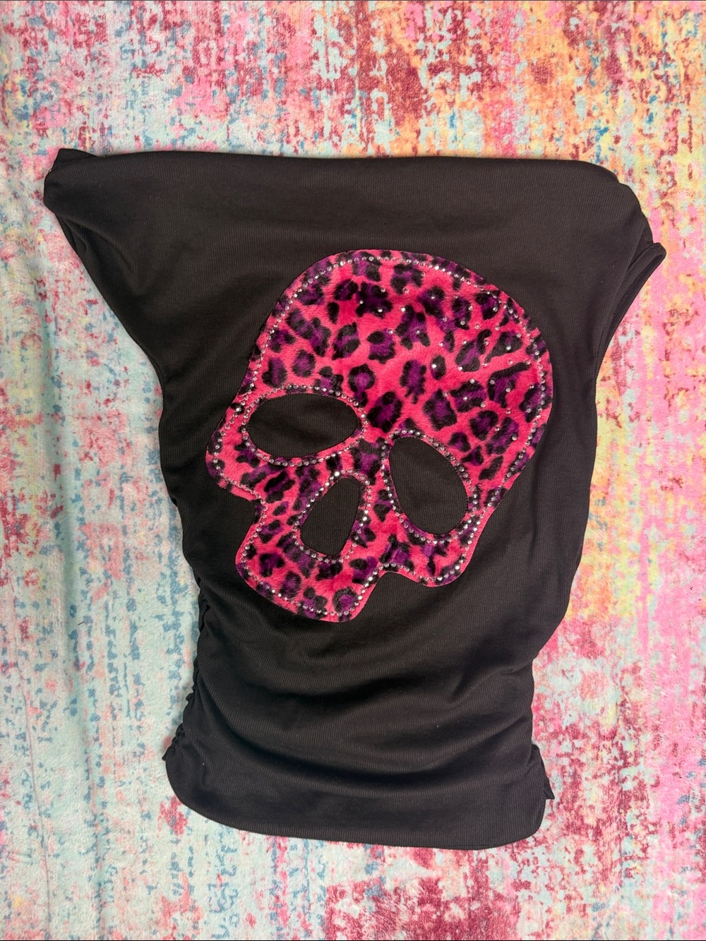 💜ROMWE Black Tank Top with Pink Leopard Skull Applique